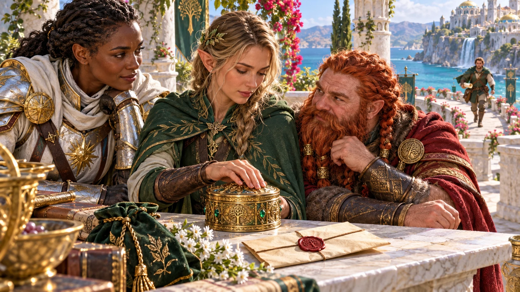Illustrated fantasy companions gather around an ornate box and a sealed letter while another companion approaches.