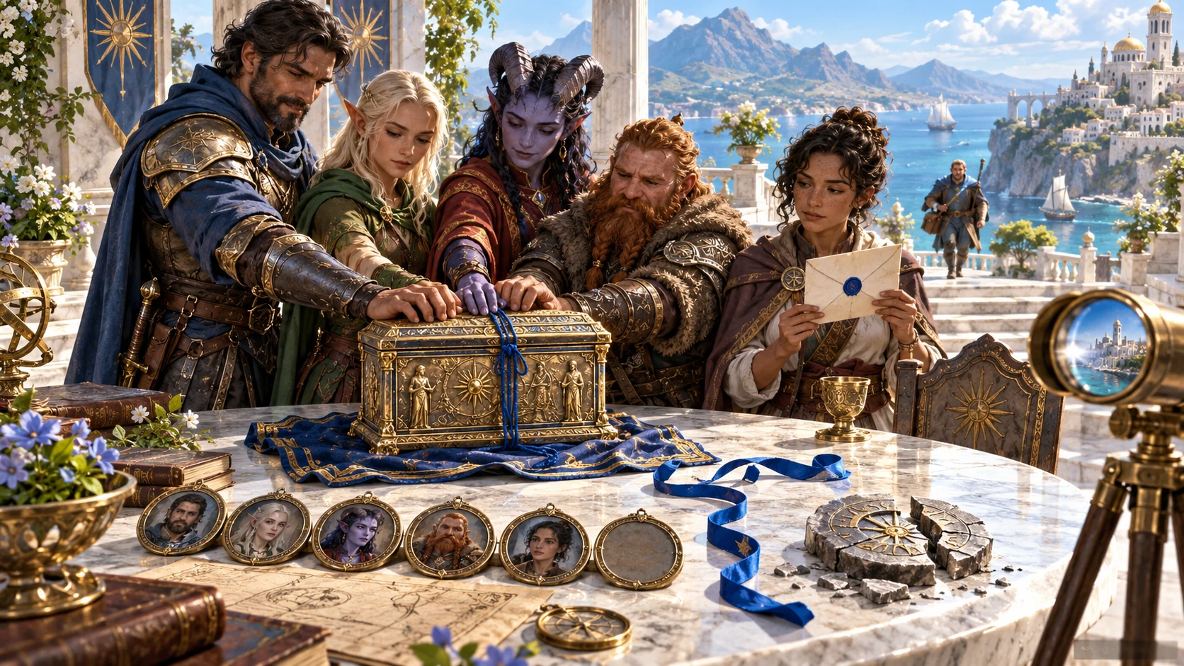 Illustrated fantasy companions examine a golden reliquary, a sealed letter and portraits as another companion approaches.