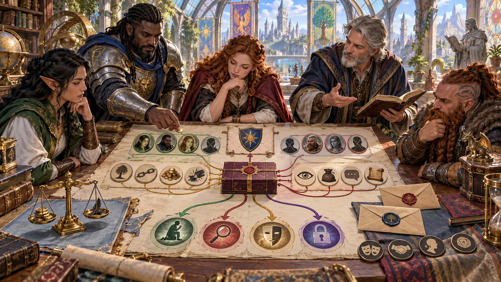 An illustrated fantasy game group considers knowledge boundaries, reveal clues, stakes and possible outcomes at a table.
